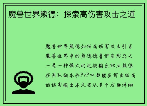 魔兽世界熊德：探索高伤害攻击之道